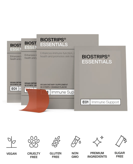 BIOSTRIPS Essentials immune support supplement box on a white background