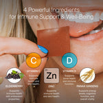 Woman holding a BIOSTRIPS dissolvable supplements strip that dissolves on the tongue in seconds it includes 5 powerful ingredients for immune support and well-being,