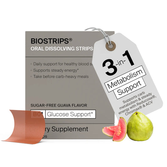 BIOSTRIPS oral dissolving strips packaging with a guava flavor tag on a white background