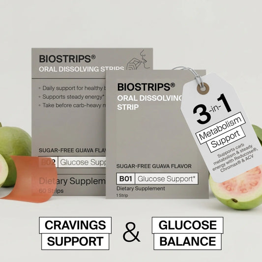 BIOSTRIPS oral dissolving strips packaging with guava flavor and glucose support on a white background.