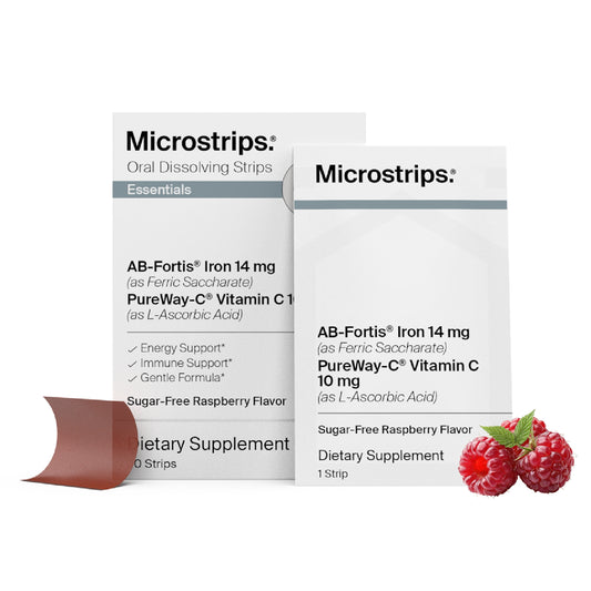 1 box of Microstrip Iron + Vitamin C oral dissolving strips with raspberry flavor on a white background