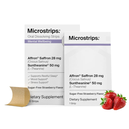 1 box of Microstrips oral dissolving strips with a strawberry flavor on a white background