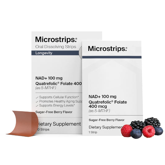 1 box of Microstrips Nad+Folate dietary supplements with berries flavor on a white background