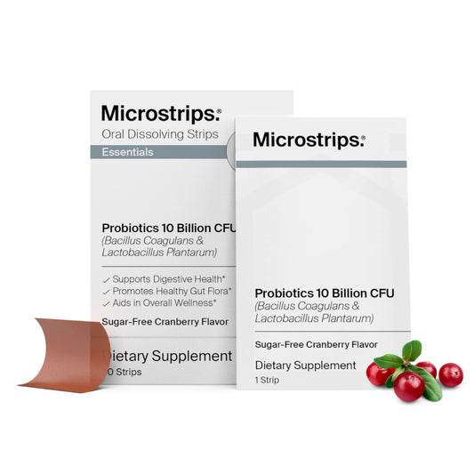 1 box of Microstrip Probiotics oral dissolving strips on a white background
