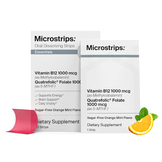 1 box of Microstrips Vitamin B12 + Folate oral dissolving strips with a orange mint flavor illustration on a white background.