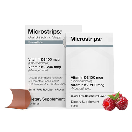 1 box of Microstrip Vitamin D3+ Vitamin k2 oral dissolving strips on a white background