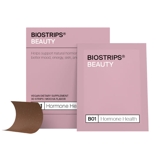 BIOSTRIPS Hormone Health dissolvable strip in sleek packaging for women’s hormonal balance.