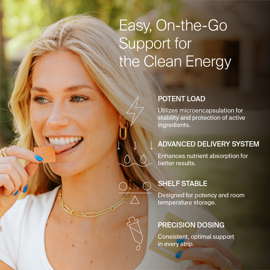 Key benefits of BIOSTRIPS Clean Energy strips including fast absorption and natural energy boost.