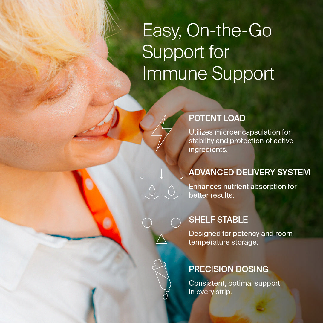 Man taking BIOSTRIPS Immune Support strip during travel for enhanced immunity on-the-go.
