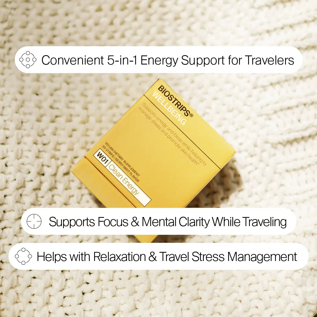 Biostrips clean energy quick dissolving supplement strips benefits. 
Convenient 5 in 1 energy support for travelers, Supports focus & mental clarity while traveling, helps with relaxation and travel stress management.