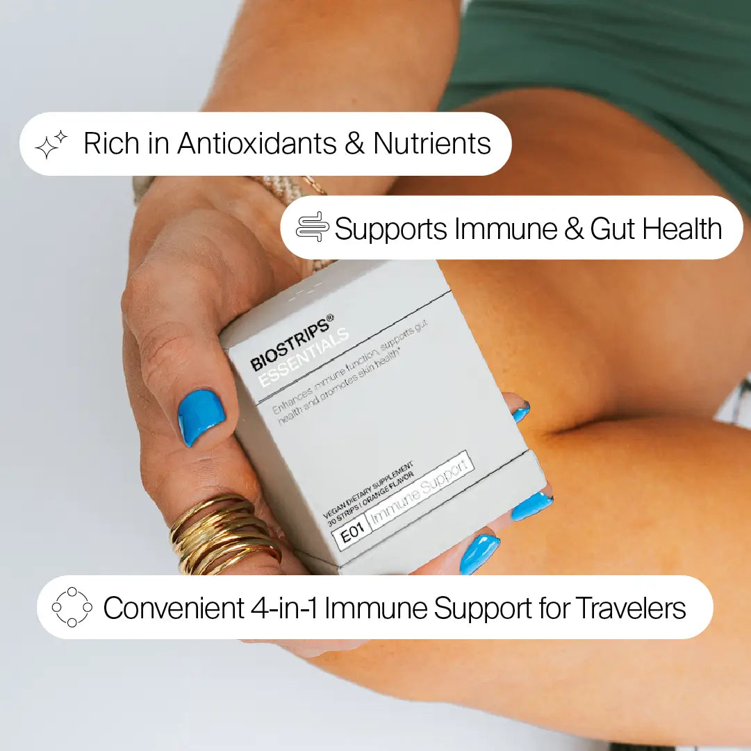Biostrips immune support quick dissolving supplement strips benefits.  Rich in antioxidants and nutrients, supports immune and gut health, convenient 4 in 1 immune support for travelers