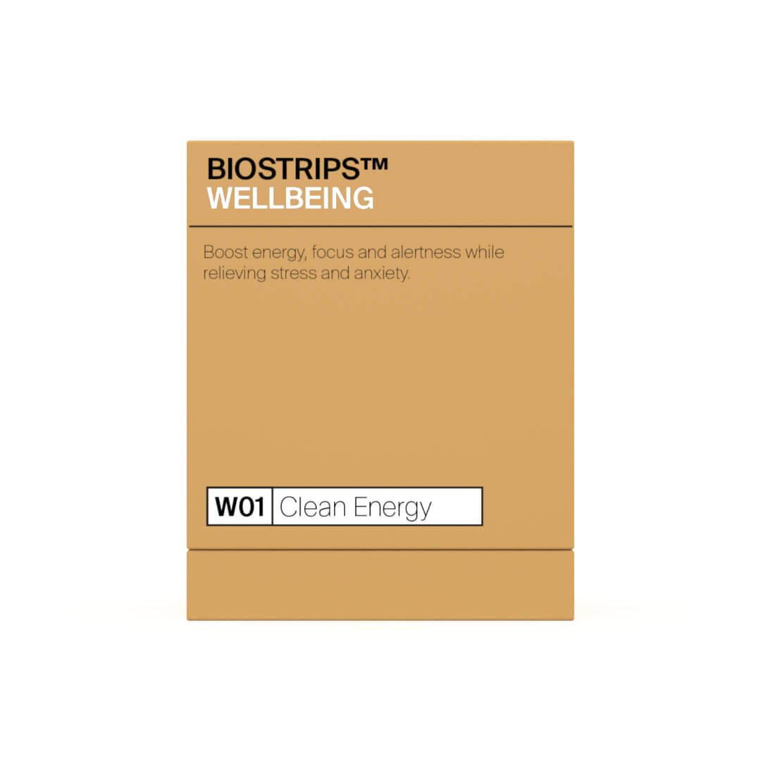 A minimalist golden box of BIOSTRIPS™ WELLBEING, highlighting benefits for energy, focus, and stress relief, labeled W01 Clean Energy.