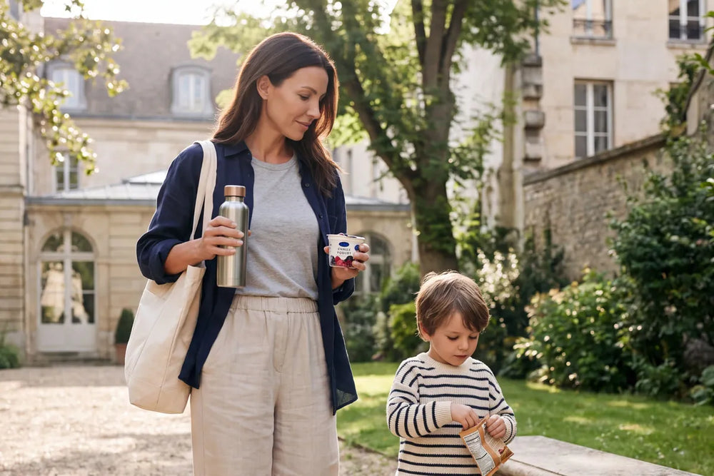 Traveler and child outside in local morning light with water, a protein breakfast, snacks and a travel-ready BIOSTRIPS® strip packet.