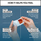 An informational graphic with the headline 'HOW IT HELPS YOU FEEL' over a blue background, showing two hands holding a Biostrips oral-dissolving strip. The layout is divided into four text boxes describing the benefits of Biostrips glucose support: stay balanced, boost your energy, craving control, and feel steady and focused.