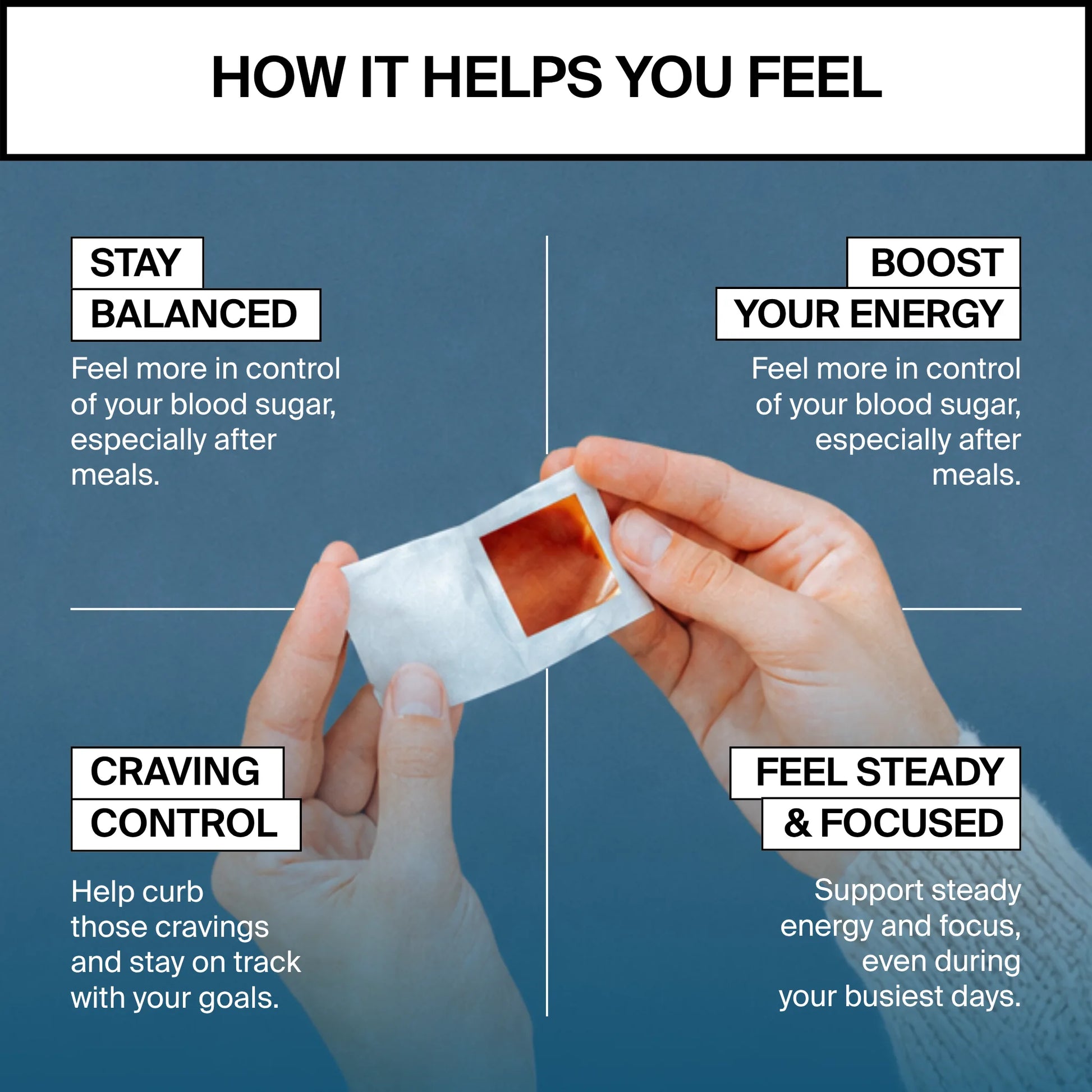 An informational graphic with the headline 'HOW IT HELPS YOU FEEL' over a blue background, showing two hands holding a Biostrips oral-dissolving strip. The layout is divided into four text boxes describing the benefits of Biostrips glucose support: stay balanced, boost your energy, craving control, and feel steady and focused.