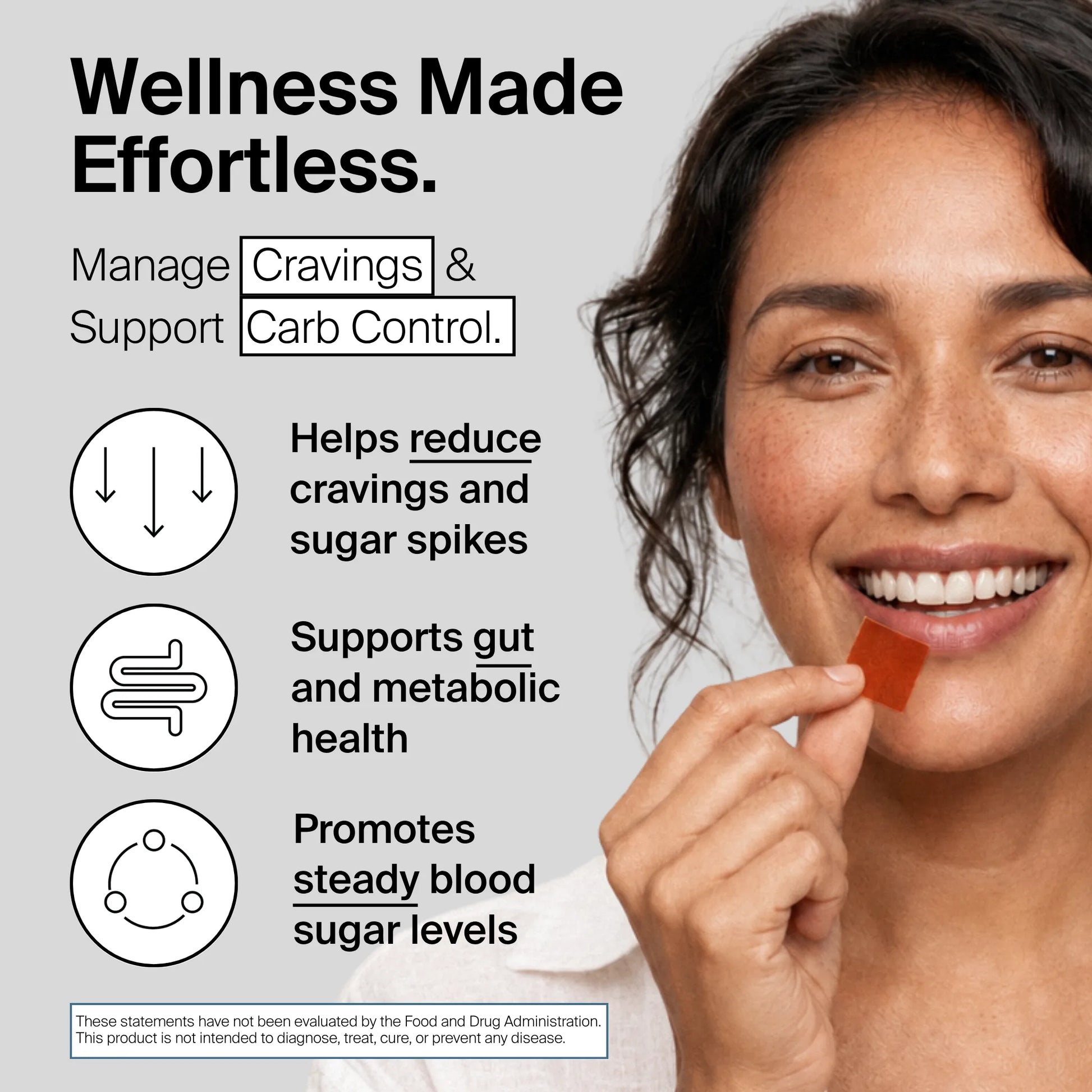 BIOSTRIPS Glucose Support benefits graphic showing how the dissolving strips are intended to help before carb-heavy meals