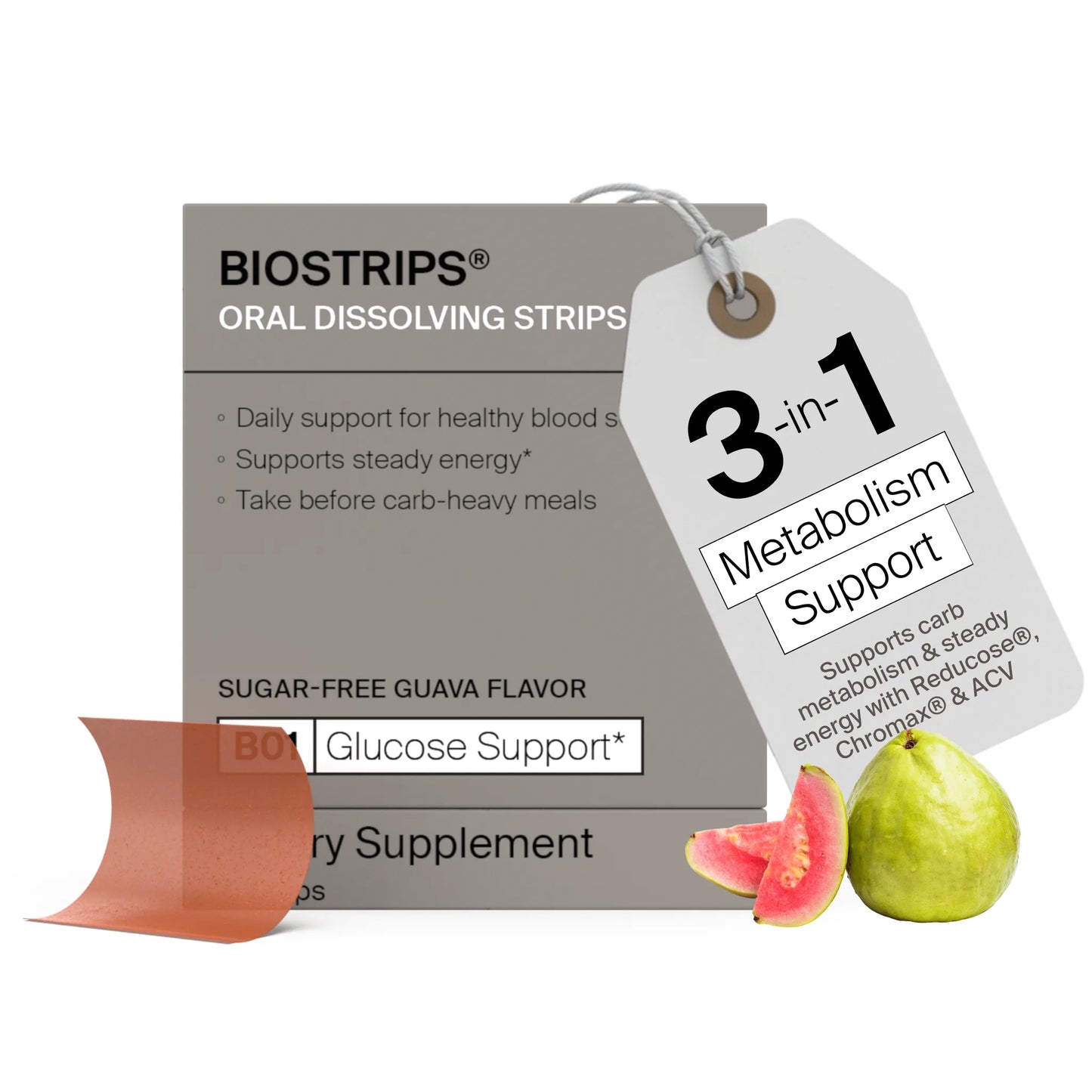 BIOSTRIPS Glucose Support oral dissolving strips box in sugar-free guava flavor, shown with an oral dissolving strip and fresh guava