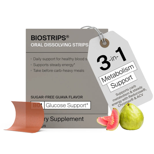 BIOSTRIPS Glucose Support oral dissolving strips box in sugar-free guava flavor, shown with an oral dissolving strip and fresh guava