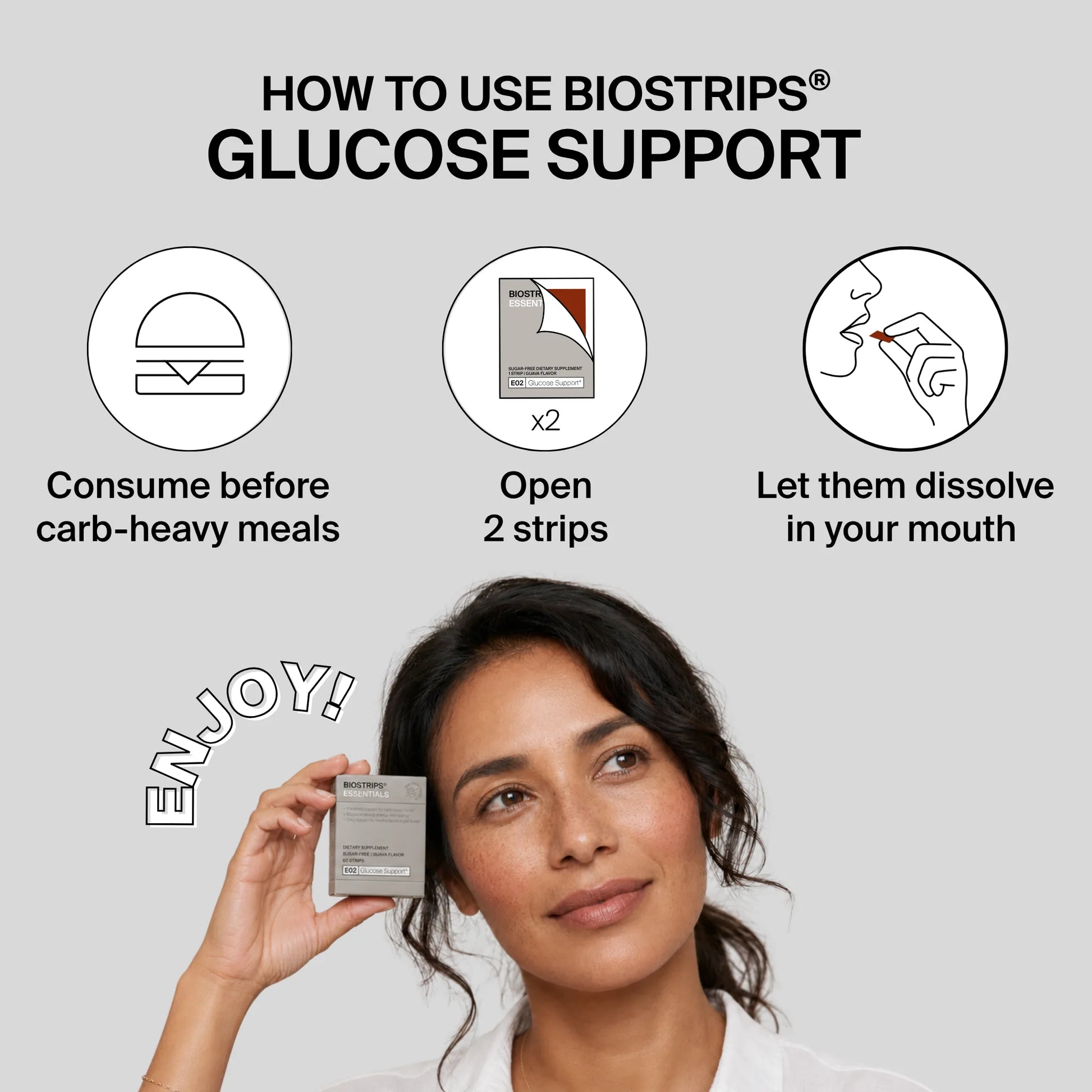 How to use BIOSTRIPS Glucose Support oral dissolving strips, shown in three steps