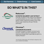BIOSTRIPS Glucose Support key ingredients graphic featuring Reducose, Chromax and apple cider vinegar