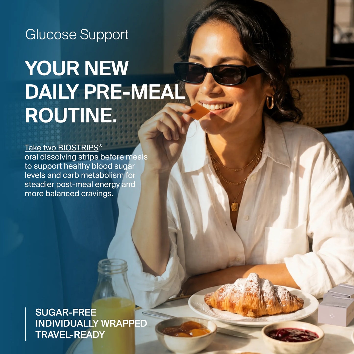 Woman placing a BIOSTRIPS Glucose Support dissolving strip on her tongue as part of a daily pre-meal routine