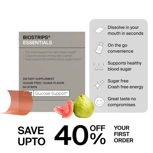 BIOSTRIPS Essentials Glucose Support box, 60 guava-flavored dissolvable strips, shown with a strip and fresh guava beside a feature panel and a first-order discount banner
