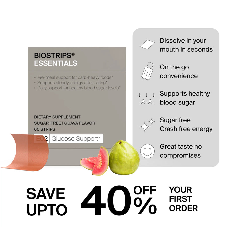 BIOSTRIPS Essentials Glucose Support box, 60 guava-flavored dissolvable strips, shown with a strip and fresh guava beside a feature panel and a first-order discount banner