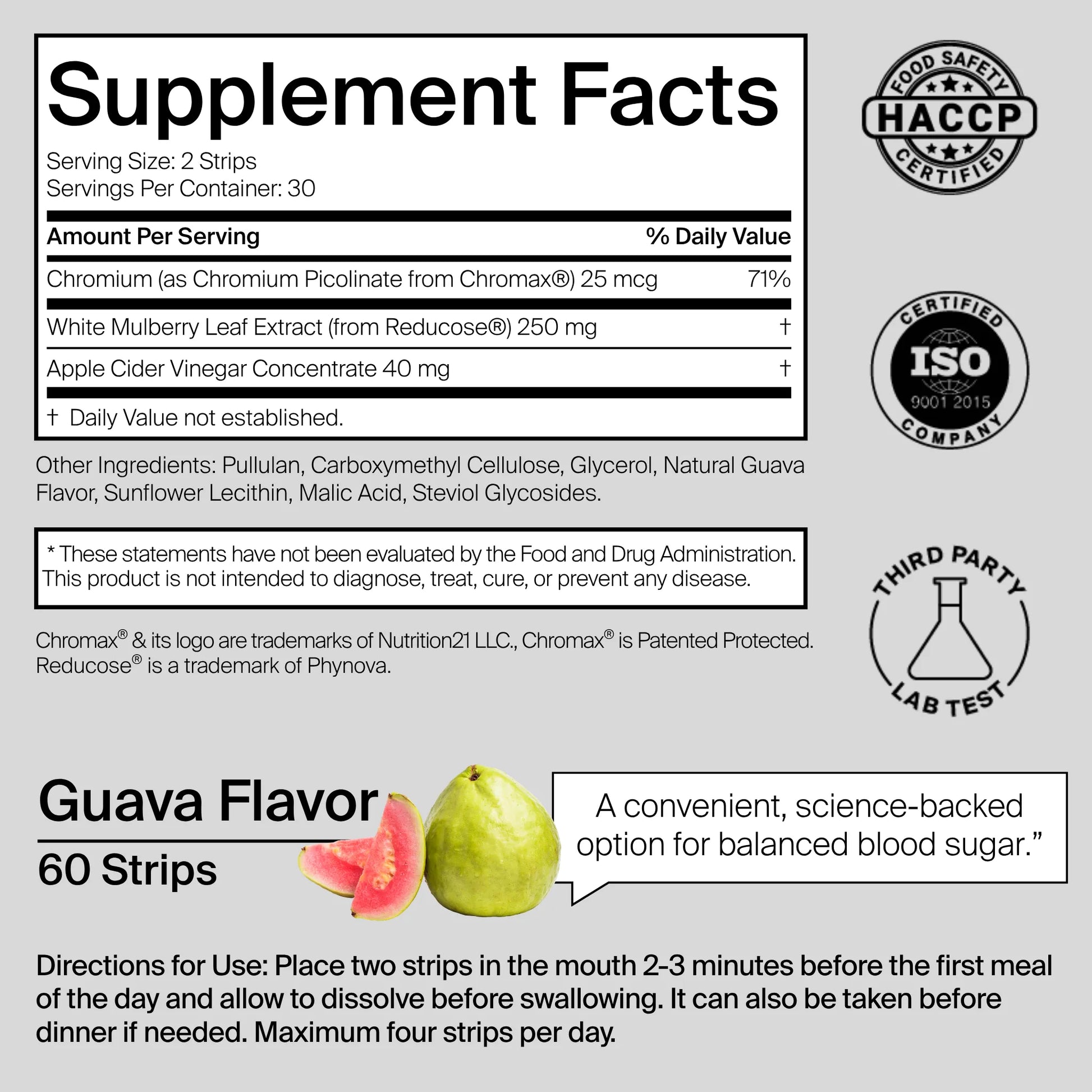 BIOSTRIPS Glucose Support supplement facts panel listing ingredients, amounts and serving size