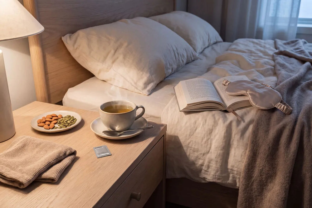 Evening wind-down with dimmed lighting, herbal tea and a calm bedtime routine.
