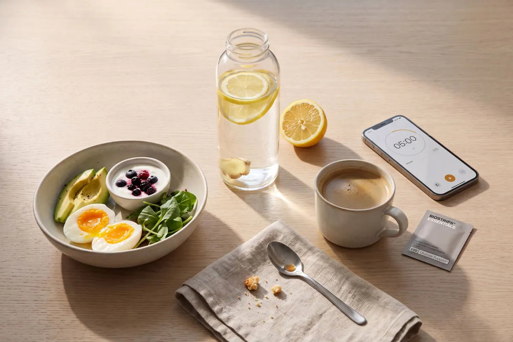 Five-minute morning setup with water, protein breakfast and individually wrapped BIOSTRIPS® strips on a kitchen counter.