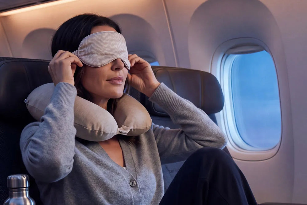 Traveler using an eye mask, headphones, neck pillow, water and moisturizer during an overnight flight.