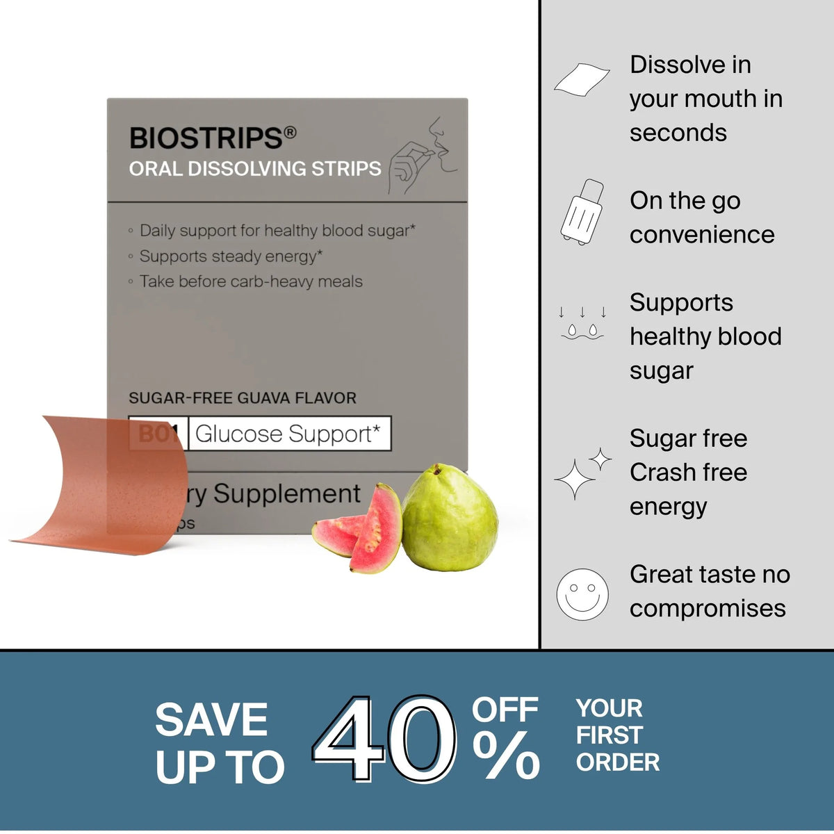 BIOSTRIPS® Glucose Support oral dissolving strips with guava for pre-meal healthy blood sugar support with its benefits listed.