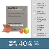 BIOSTRIPS® Glucose Support oral dissolving strips with guava for pre-meal healthy blood sugar support with its benefits listed.